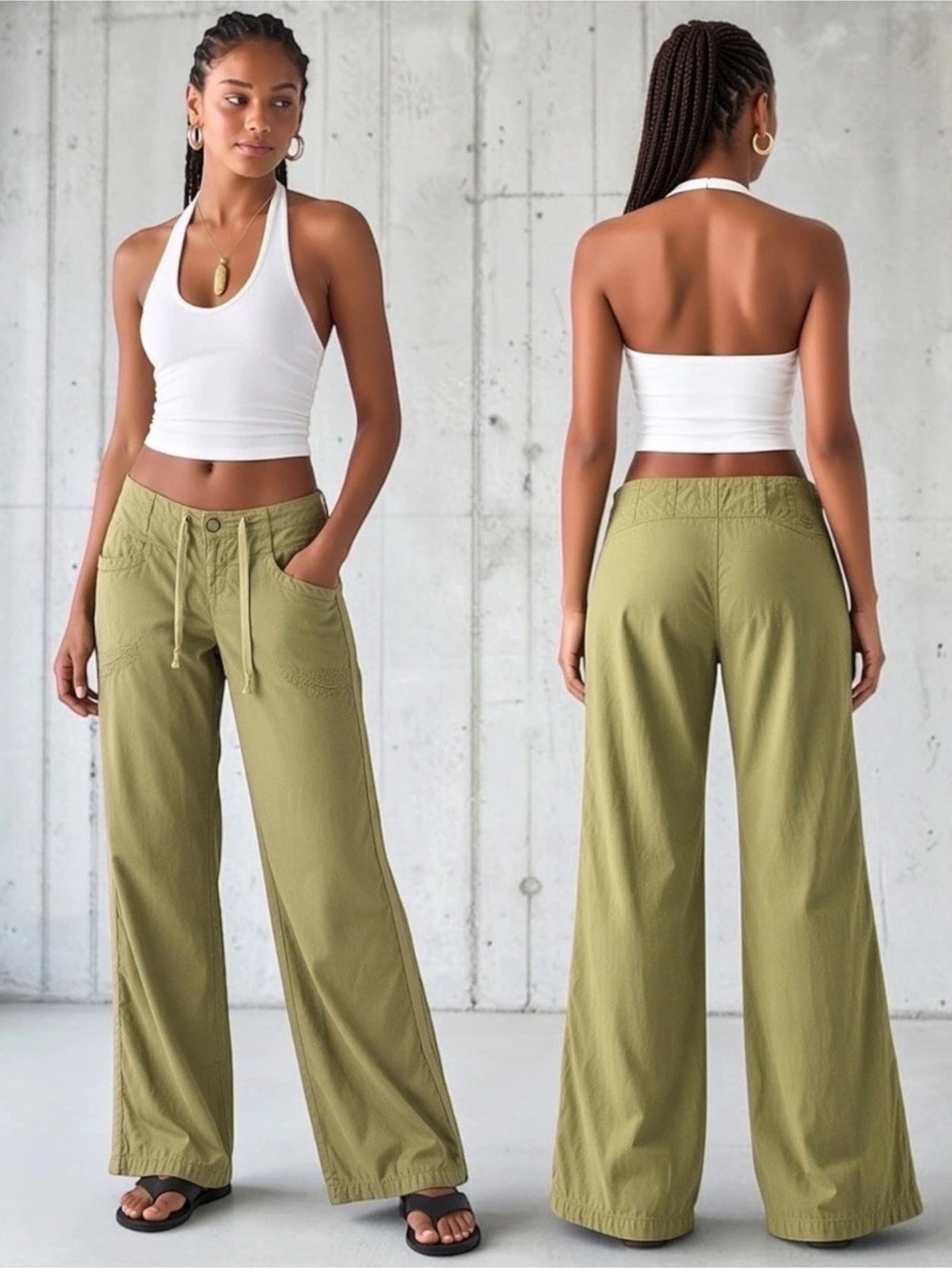 XCVI Wearables Y2K Boho Low-Rise Utility Cargo Wide-Leg Pants Light Olive Medium